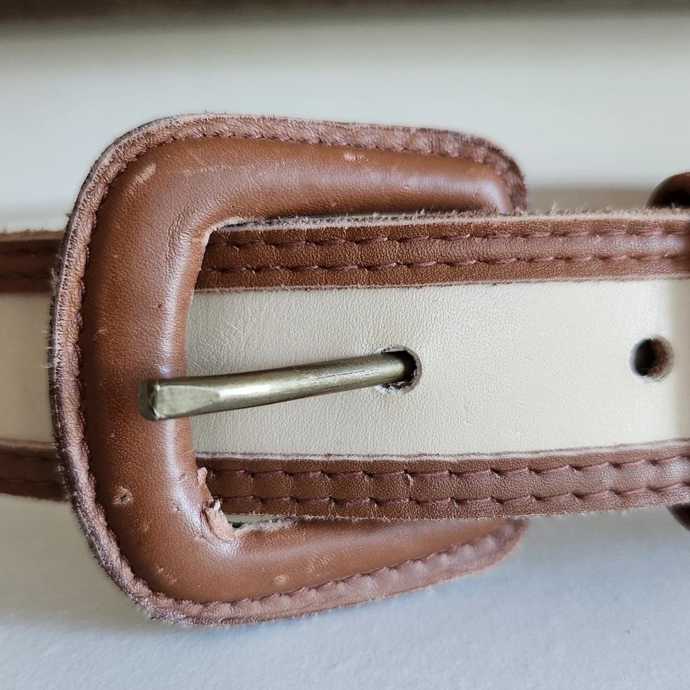 Vintage Talbots 2 tone beige/brown Leather belt Sz S Made in Italy